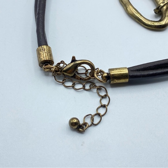 Brown Leather Cord Necklace Hammered Antiqued Gold Tone Chain Link Double Strand - Picture 4 of 5